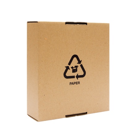 Cardboard box front view with isolated on whiteの写真素材