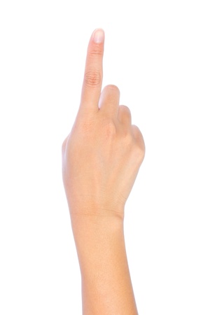 Woman hand touching screen mobile phone, tablet PC or other palm gadget, isolated on white backgroundの写真素材