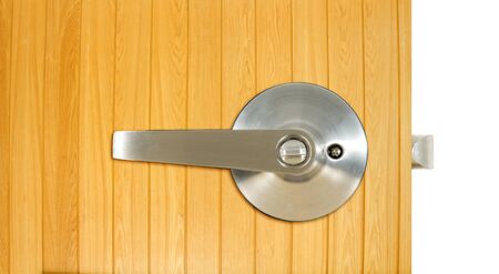 Aluminium door knob on the wood door, white background  door white background の写真素材