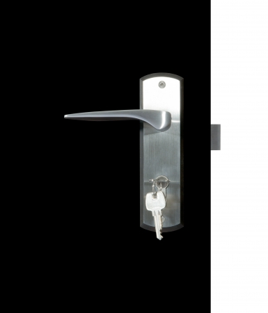 Aluminium door knob on the black door, white background  door white background の写真素材