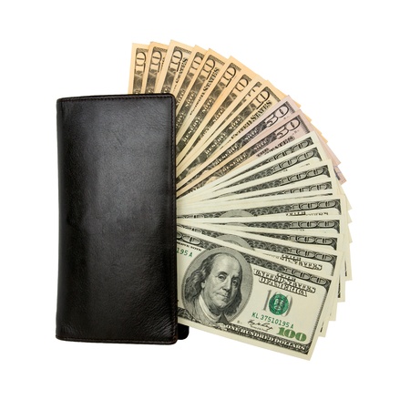Dollar bills U S  isolated in leather purse isolated on white background の写真素材
