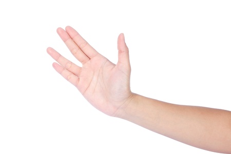 Image of female hand showing four fingers on a white backgroundの写真素材