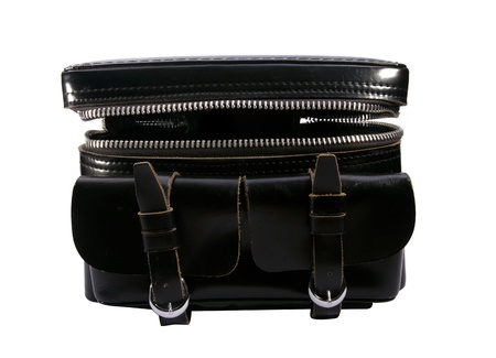Vintage leather camera bag isolated on white bacgroundの写真素材