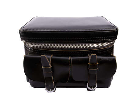 Vintage leather camera bag isolated on white bacgroundの写真素材
