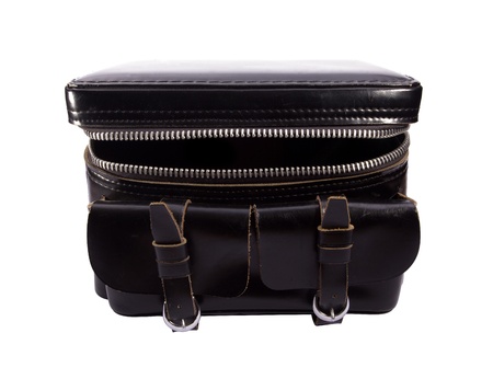 Vintage leather camera bag isolated on white bacgroundの写真素材