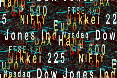 Illustration of world equity indices: Dow Jones Industrial Average, DAX, CAC40, Nifty, Nikkei225,...