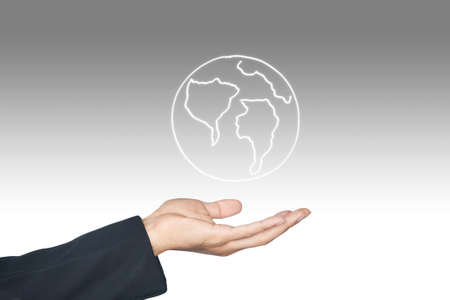 Hand holding world map iconの写真素材