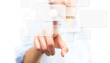 Hand pushing touch screen button, isolate on white backgroundの写真素材