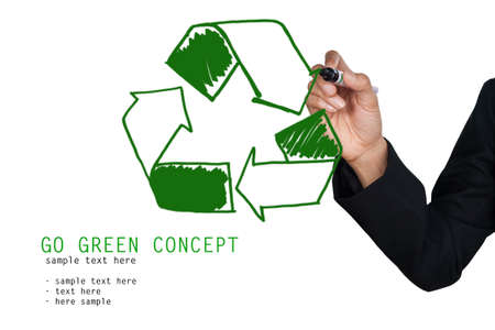 Hand drawing green recycle sign, isolate on whiteの写真素材