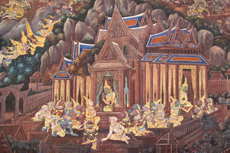 Native thai art painting style on temple wallのeditorial素材