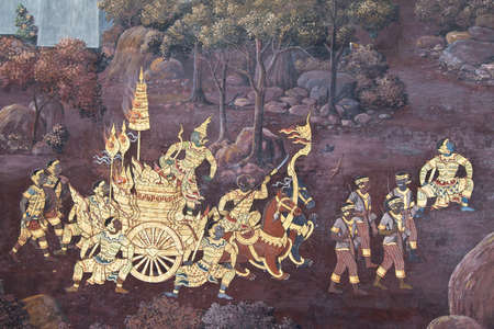 Ramayana story art painted on temple wall, Wat Pra Kaew, Thailandのeditorial素材