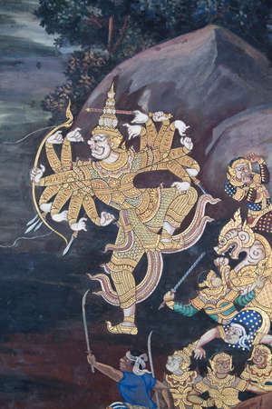 Ravana art painted style on temple wall, Thailandのeditorial素材