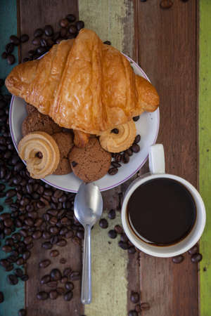 Top view of coffee and cookiesの写真素材