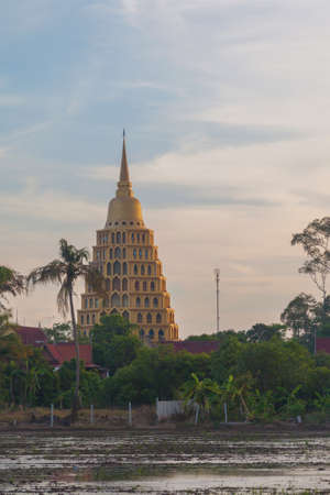 Historic pagoda in green rice farm landscape, Thailandの写真素材