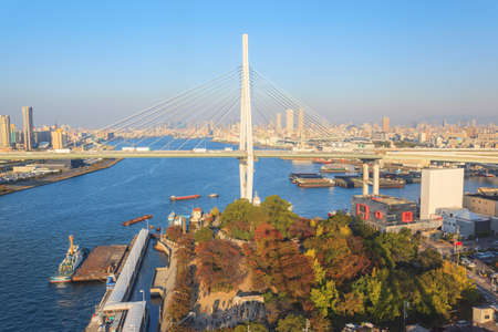 Bird eye view of Osaka bay from Tempozan ferris wheel, Japanの写真素材