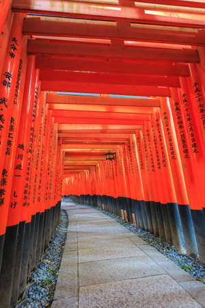 Row of red Tori Gate at Fushimi Inari Shrine at Kyoto, Japanのeditorial素材