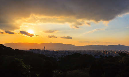 Kyoto cityscape during sunset, arial view from Kiyomizu-dera temple, Japanの写真素材