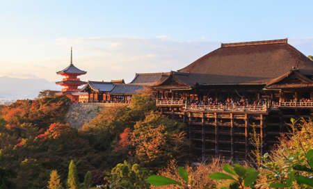 Kiyomizu-dera temple in autumn on sunset sky at Kyoto, Japanのeditorial素材