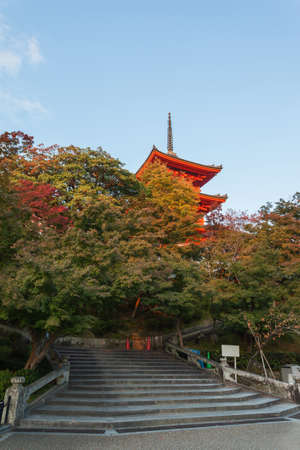 Kiyomizu-dera temple at sunset against blue sky background, Kyoto, Japanのeditorial素材