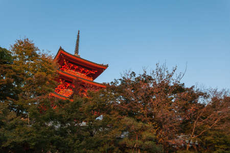 Kiyomizu-dera temple at sunset against blue sky background, Kyoto, Japanのeditorial素材