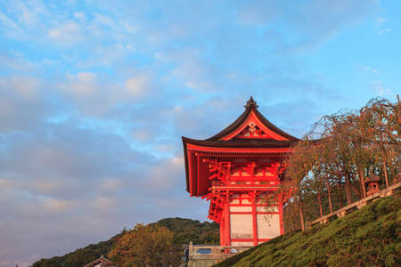 Kiyomizu-dera temple at sunset against blue sky background, Kyoto, Japanのeditorial素材