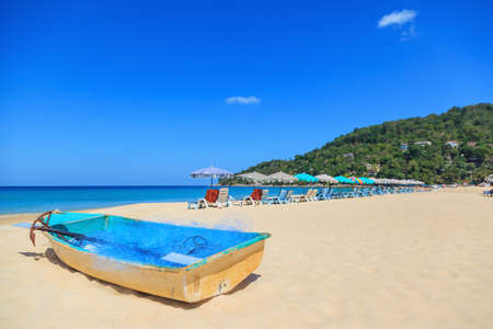 Old boat at the beautiful beach in Phuket, Thailandの写真素材