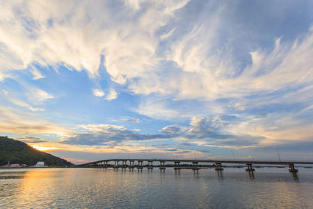 Long bridge across lamsing bay at Chanthaburi, Thailandの写真素材
