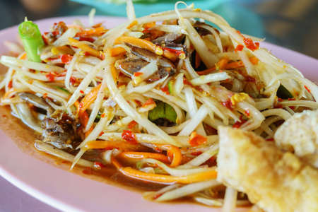Traditional local Thai food papaya salad with pickled fish sauce close upの写真素材