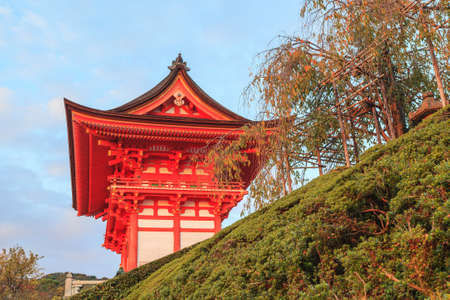 Red architecture in Kiyomizu-dera temple at sunset, Kyoto, Japanの写真素材