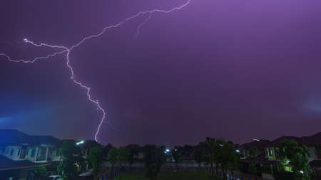 Lightning bolt during raining storm over home gardenの写真素材