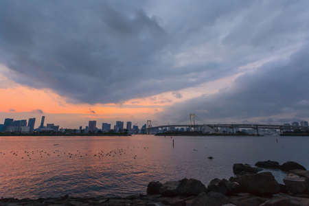 Rainbow bridge with sakura cherry blossom in spring season at sunset, Odaiba Tokyo, Japanの写真素材