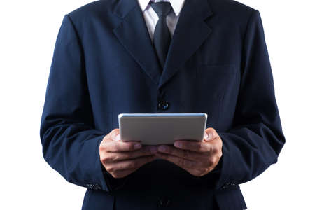 Business man holding tablet isolated on white backgroundの写真素材