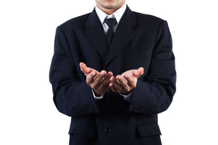 Business man doing hand hold sign, isolated on white backgroundの写真素材