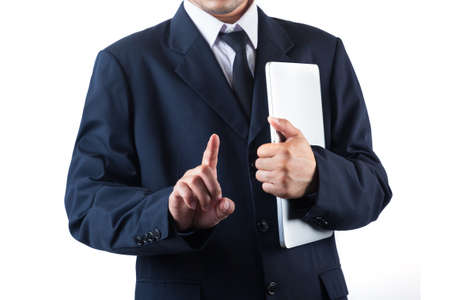 Business man holding laptop and touching on touchscreen iconの写真素材