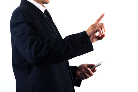 Business man touching on screen, isolated on white background