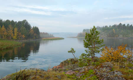 Fog over the strait. Lake Ladogaの写真素材