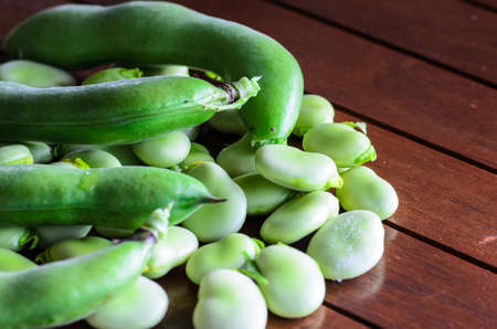 closeup of broad bean on wooden table - stock photoの写真素材