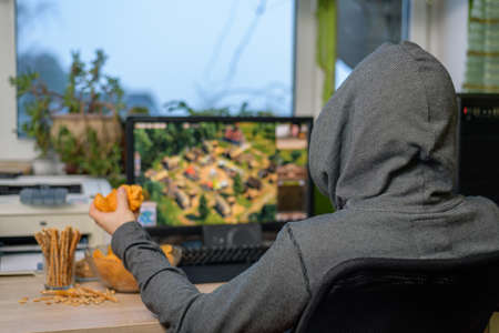 male gamer playing strategy game on computer with snacks lying on table - stock photoの写真素材