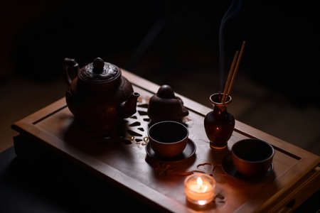 Tea ceremony with candlesの写真素材