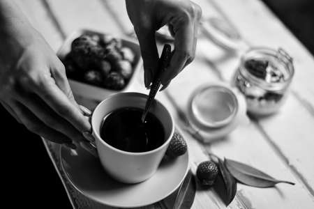 Strawberry dessert on the tableの写真素材