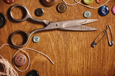 Items for embroidery scissors and buttonsの写真素材
