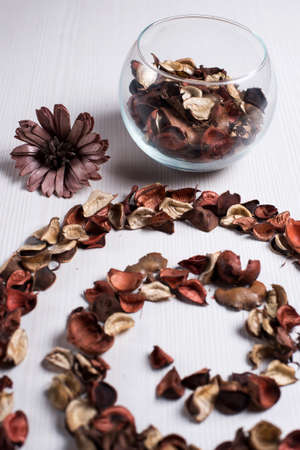 The frame of dried flowers on the tableの写真素材