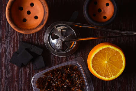 Hookah accessories on the table. Smoking Shisha. Relaxing enviroの写真素材