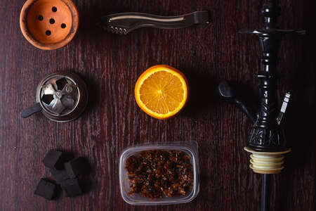 Hookah accessories on the table. Smoking Shisha. Relaxing enviroの写真素材