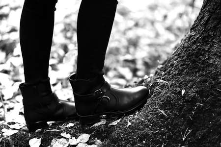 Boots for a walk in the Park. Autumn forest is beautiful. Yellowの写真素材