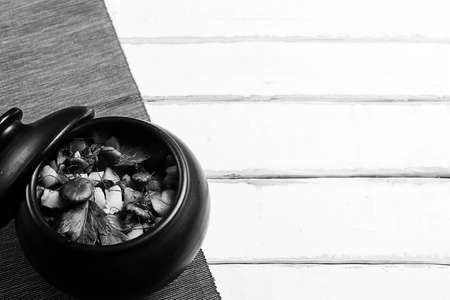 potatoes with mushrooms in a clay pot black and white poster