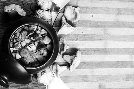 potatoes with mushrooms in a clay pot black and white posterの写真素材