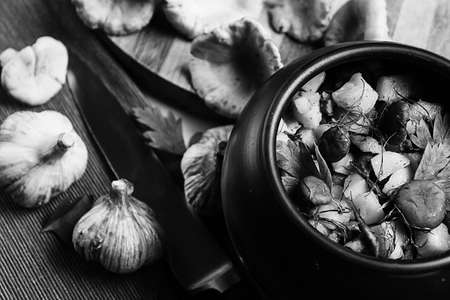 potatoes with mushrooms in a clay pot. Mushrooms from the forestの写真素材