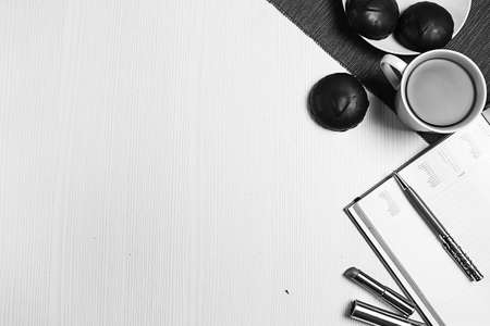 Stationery lying on the table. The table in the office. Workplac