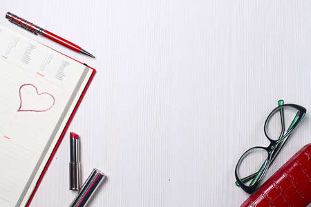The table in the office. stationery lying on the table. Workplac